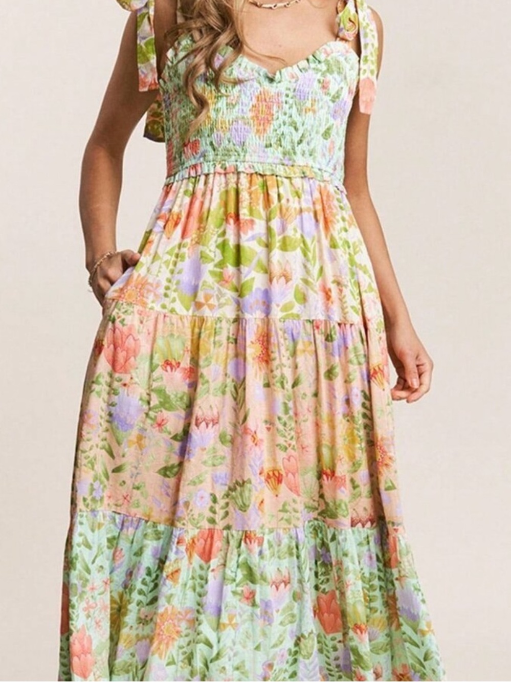Pastel Floral Tiered Maxi Skirt - Pink & Green - Picture 2 of 6